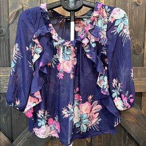 Anthropologie Leifsdottir Silk Top 4 Floral Blue Pink Boho Peasant Ruffle Office